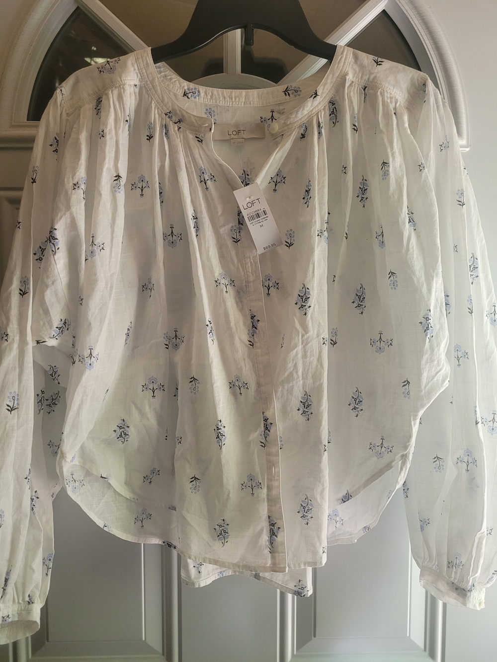 LOFT White Floral Button-Front Peasant Blouse